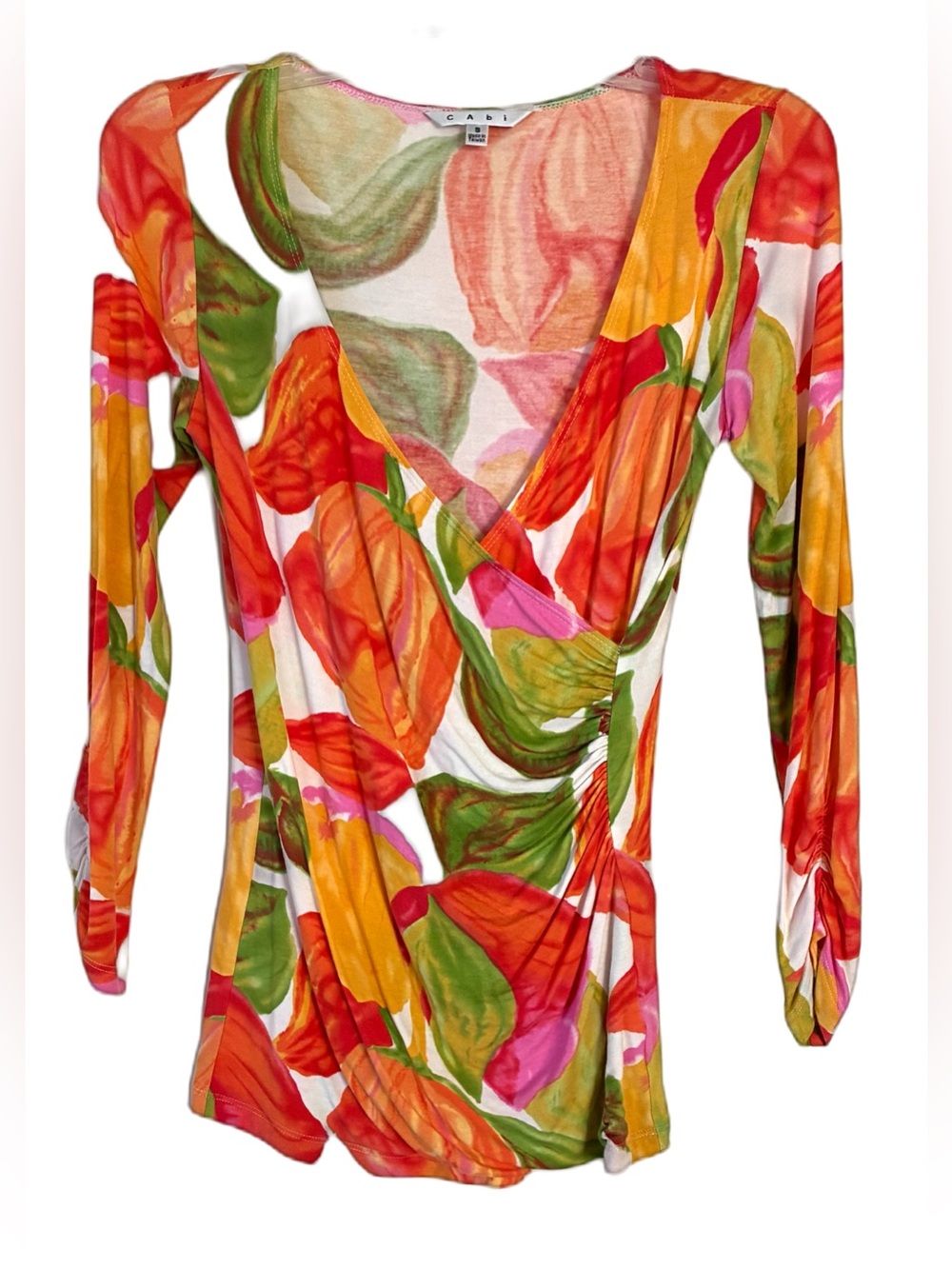 Cabi Faux Wrap Top, Sz. S, Bold Floral Print, Yellow/Orange/Green, Low V Neck